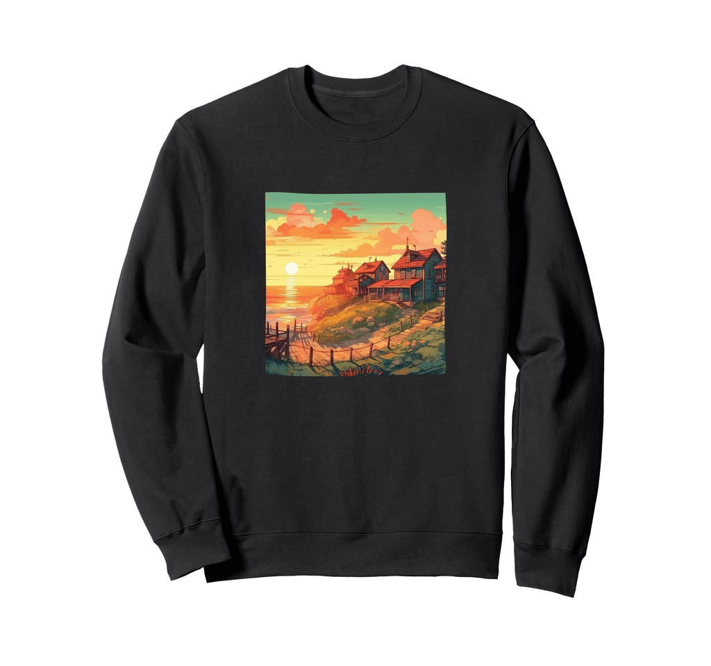 Coastal Village Sunset Landscape Sweatshirt - Aesthetic Graphic for Adults - T-Shirt, Sweatshirt, Hoodie