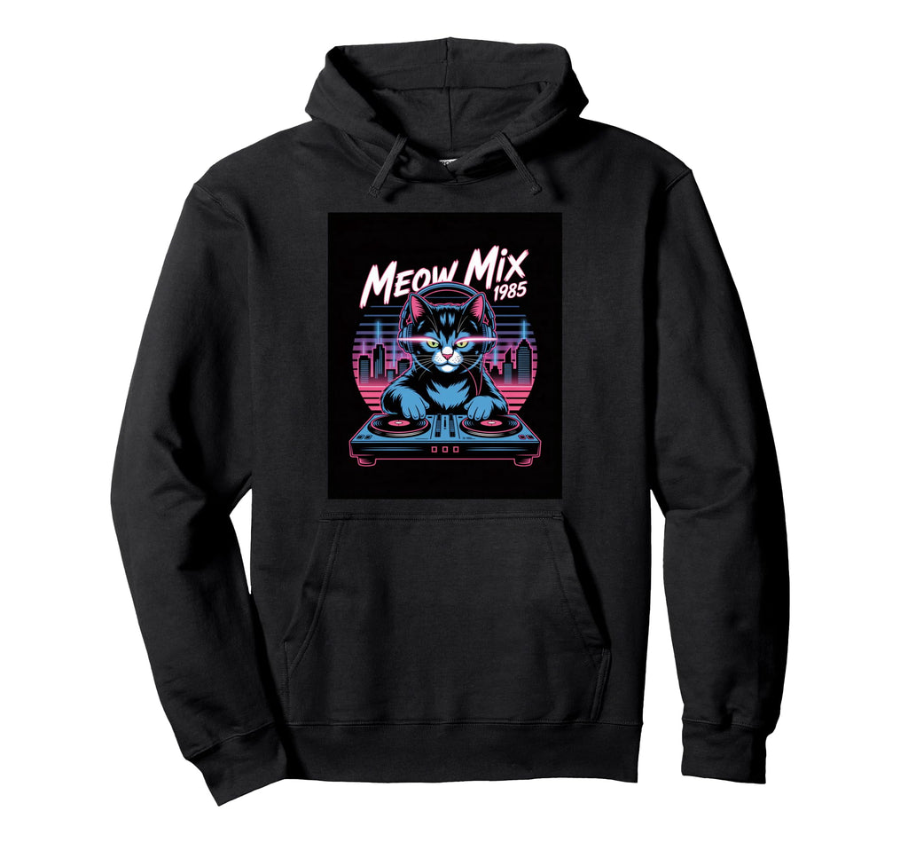 Synthwave Meow Mix 1985 Dj Cat Hoodie - Casual Everyday Wear for Adults - T-Shirt, Sweatshirt, Hoodie