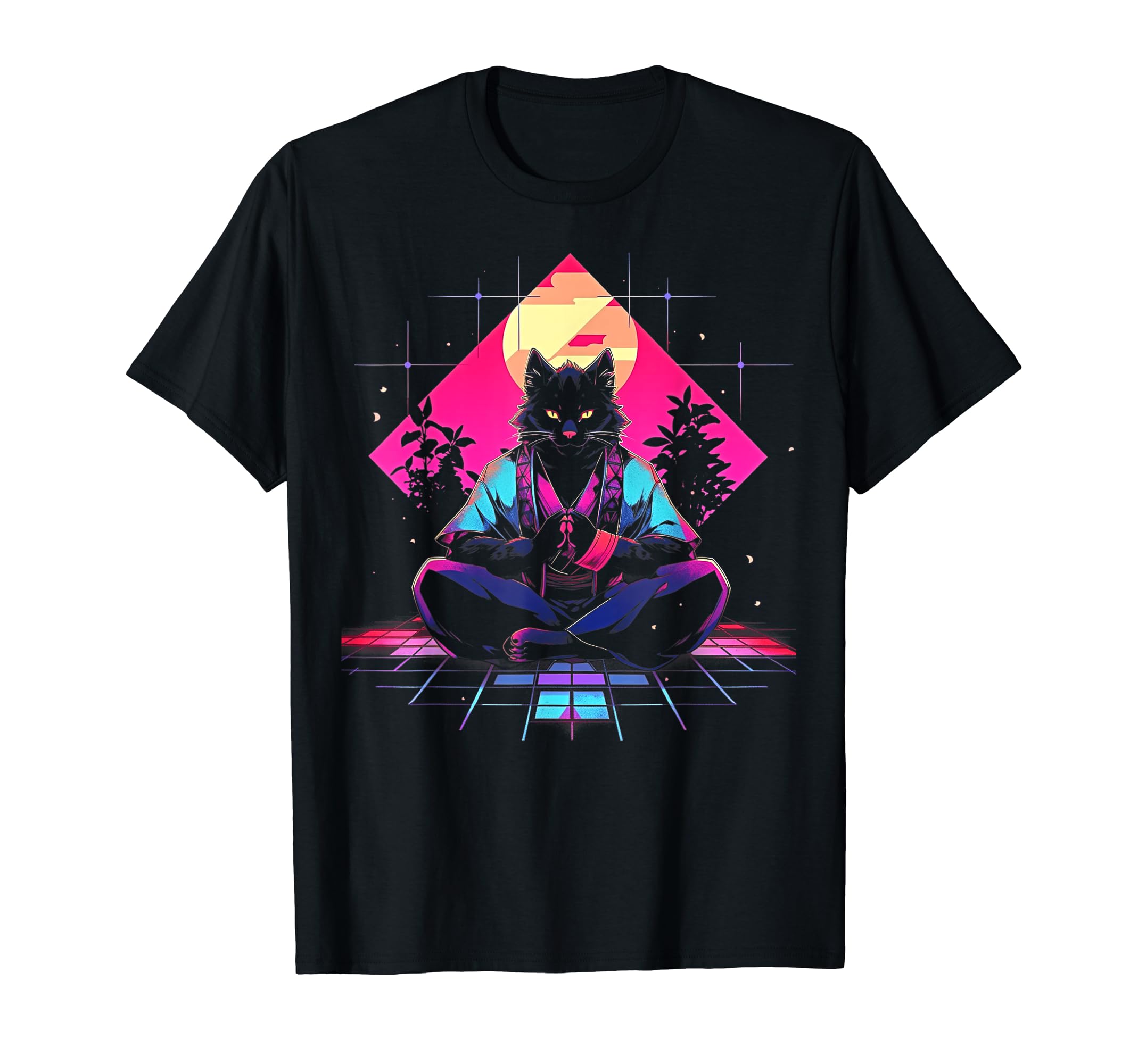 Synthwave Cat Samurai Mediation Vaporwave T-Shirt - Trendy Graphic Unisex - T-Shirt, Sweatshirt, Hoodie