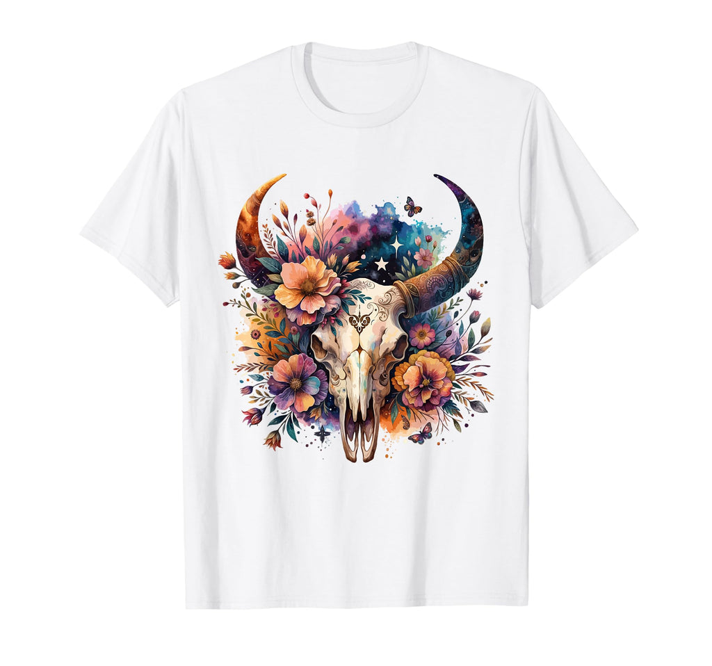 Boho Cow Skull Flowers Art Wild T-Shirt - Aesthetic Graphic for Adults - T-Shirt, Sweatshirt, Hoodie
