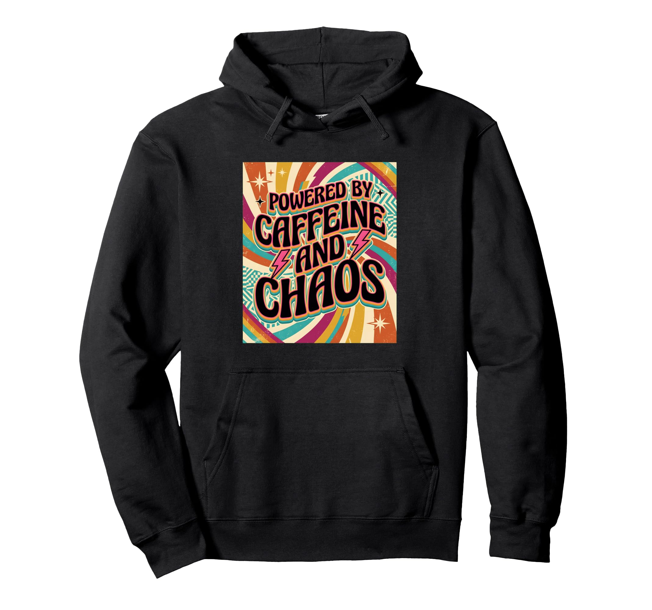 Coffee Addict Chaos Caffeine Powered 70S Hoodie - Graphic Print Unisex - T-Shirt, Sweatshirt, Hoodie