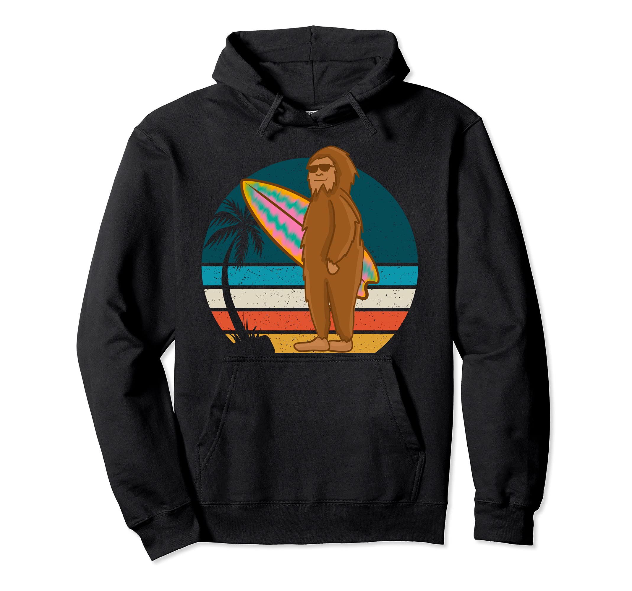 Surfing Bigfoot Palm Tree Sunset Hoodie - Novelty Apparel Unisex - T-Shirt, Sweatshirt, Hoodie