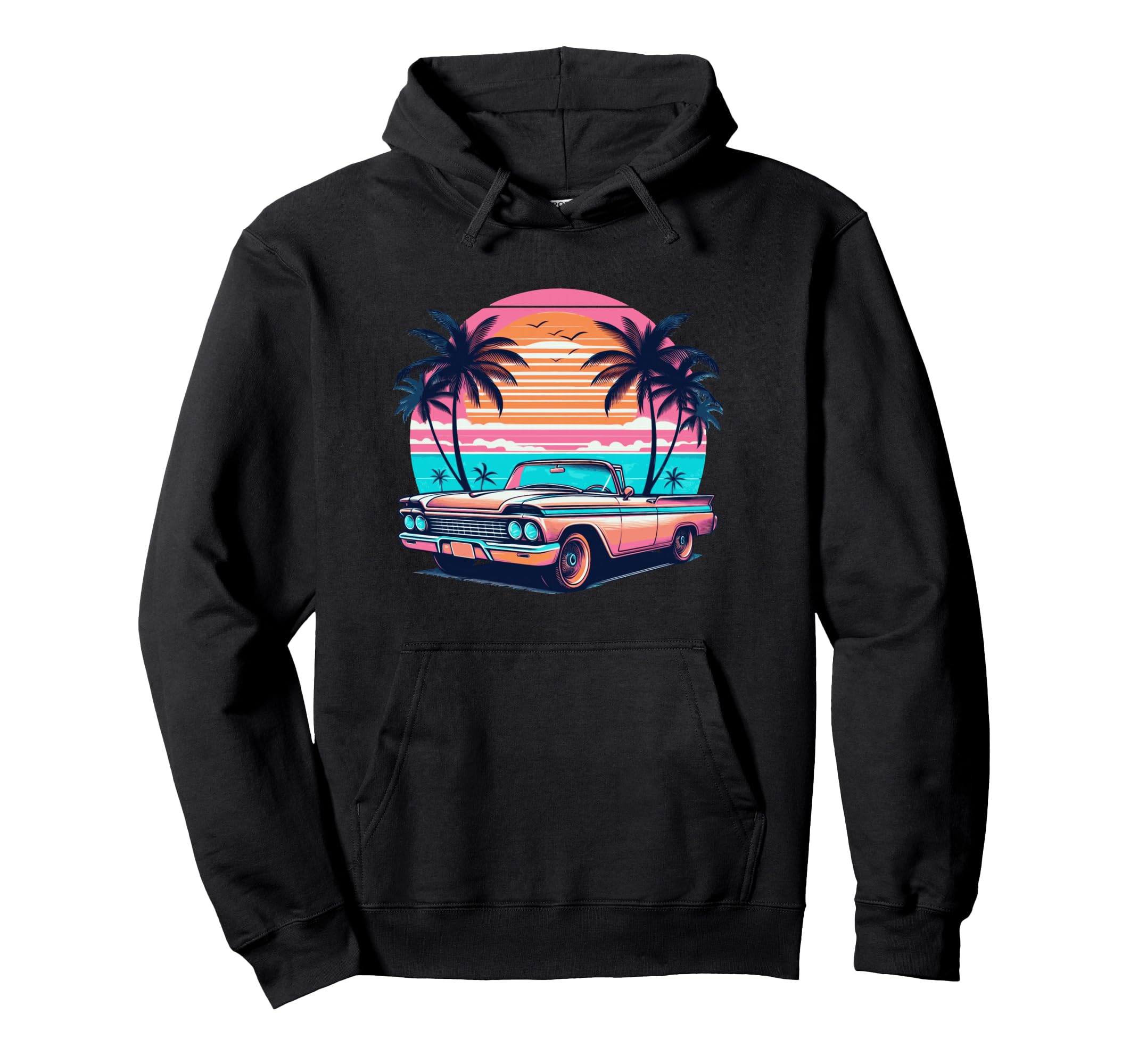 Sunset Car Scene Beach Palm Pastel Color Hoodie - Custom Art Print Unisex - T-Shirt, Sweatshirt, Hoodie