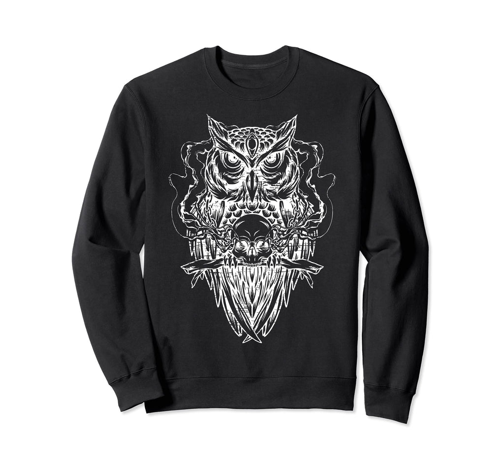 Owl Branch Smoking Skull Distressed Sweatshirt - Graphic Print Men Women - T-Shirt, Sweatshirt, Hoodie
