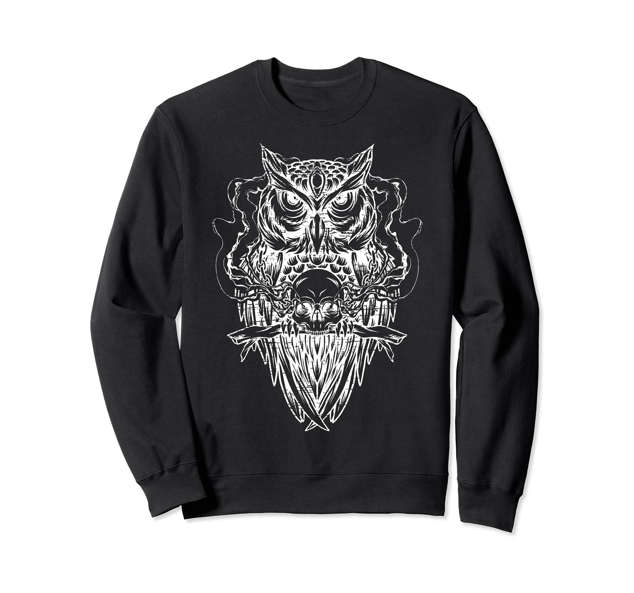 Owl Branch Smoking Skull Distressed Sweatshirt - Graphic Print Men Women - T-Shirt, Sweatshirt, Hoodie