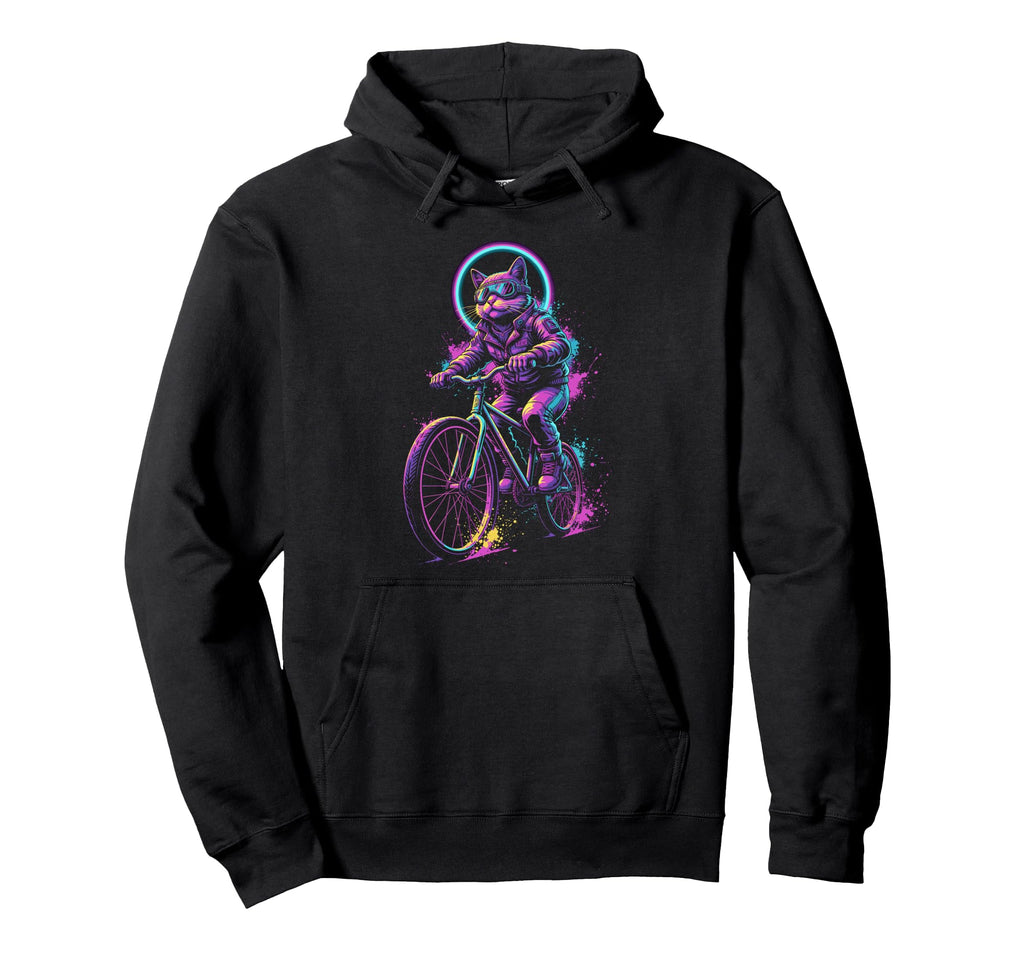 Synthwave Cat Bike Rider 80S 90S Cycling Hoodie - Novelty Apparel Unisex - T-Shirt, Sweatshirt, Hoodie
