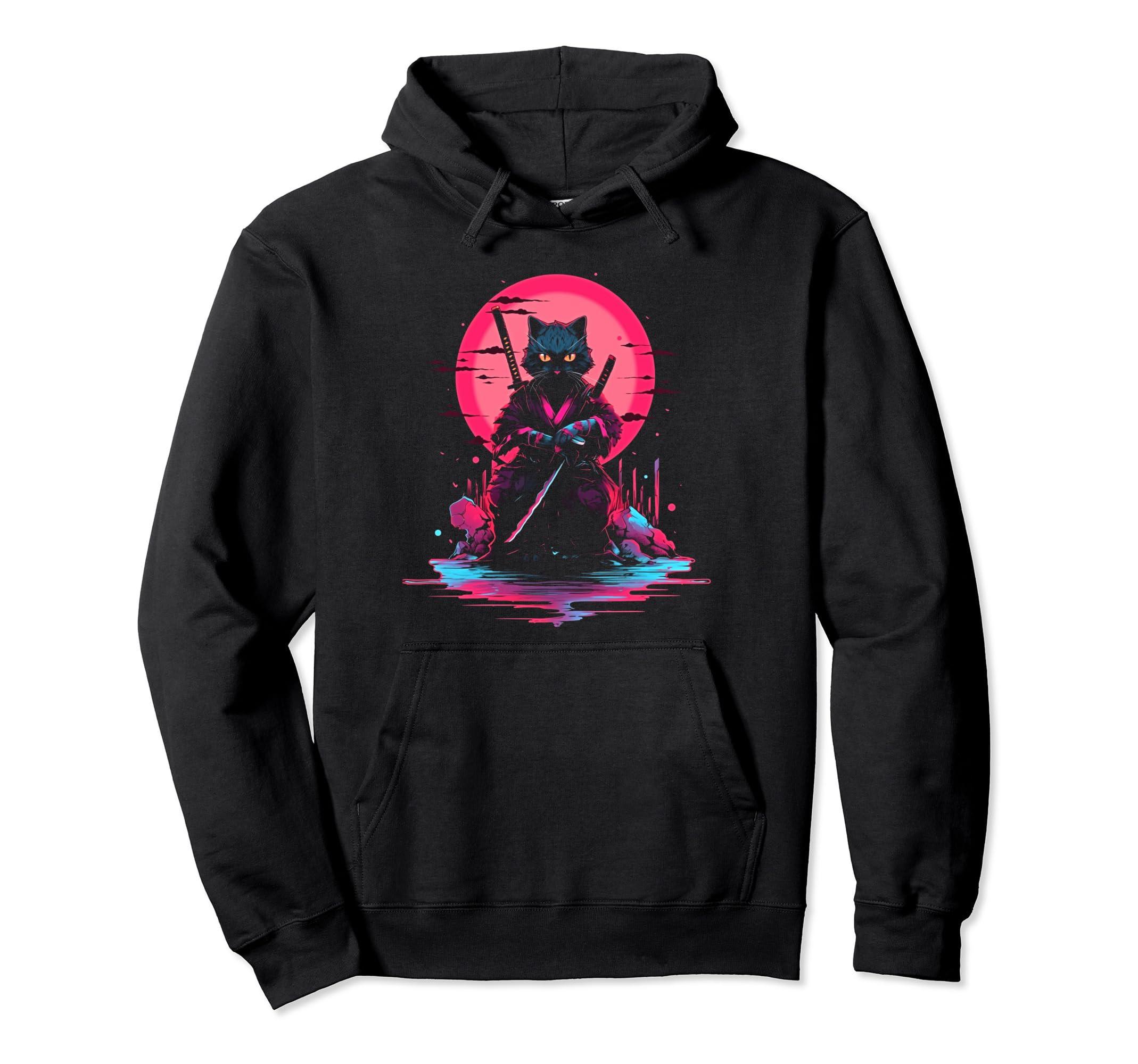 Synthwave Cat Samurai Mediation Hoodie - Casual Everyday Wear Unisex - T-Shirt, Sweatshirt, Hoodie
