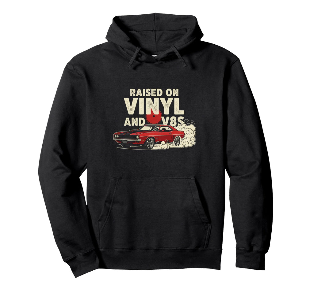 Raised Vinyl And V8S 70S Car Lover Hoodie - Novelty Apparel Men Women - T-Shirt, Sweatshirt, Hoodie