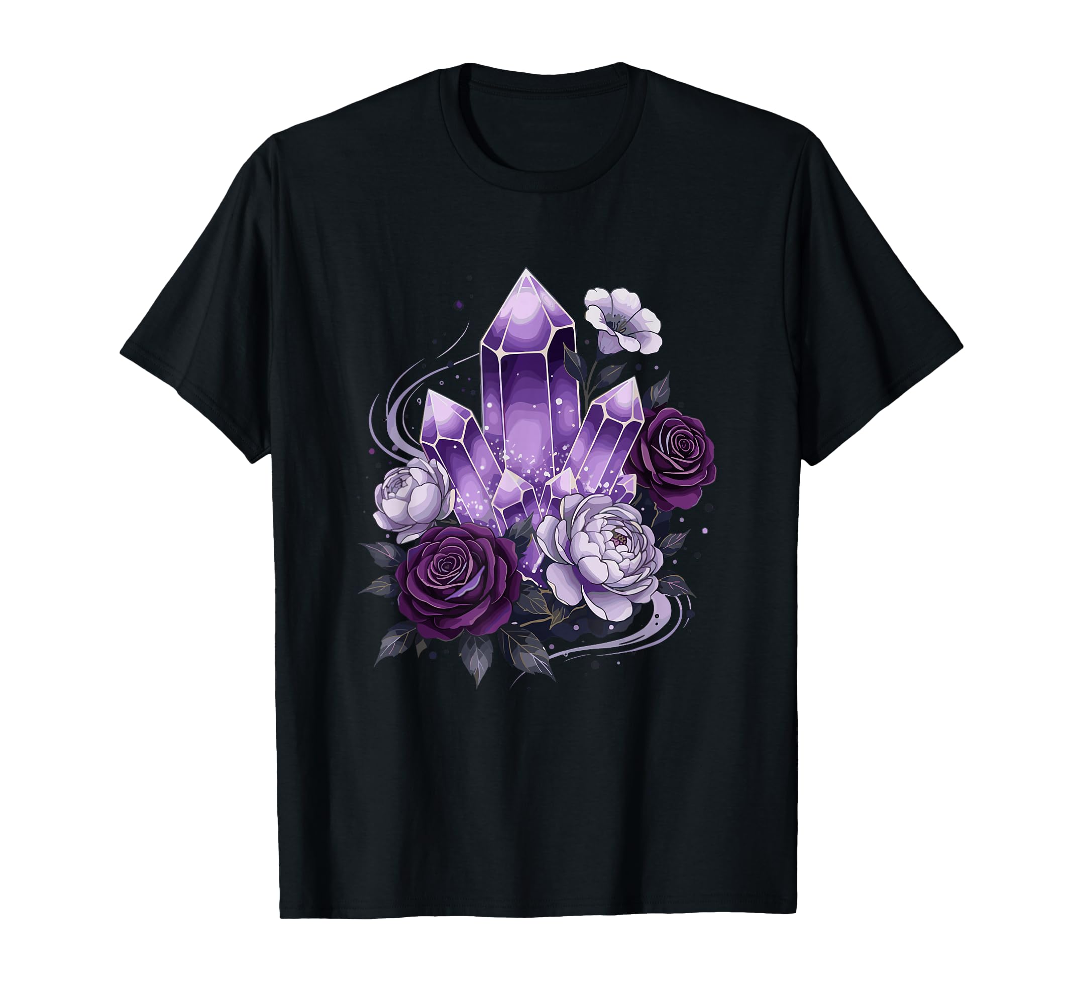 Amethyst Crystal Cluster Gothic Roses Floral T-Shirt - Graphic Print Unisex - T-Shirt, Sweatshirt, Hoodie