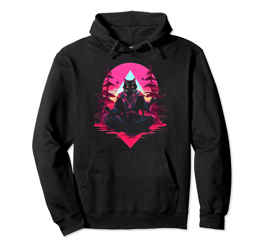 Synthwave Cat Samurai Mediation Vaporwave Hoodie - Trendy Graphic Unisex - T-Shirt, Sweatshirt, Hoodie