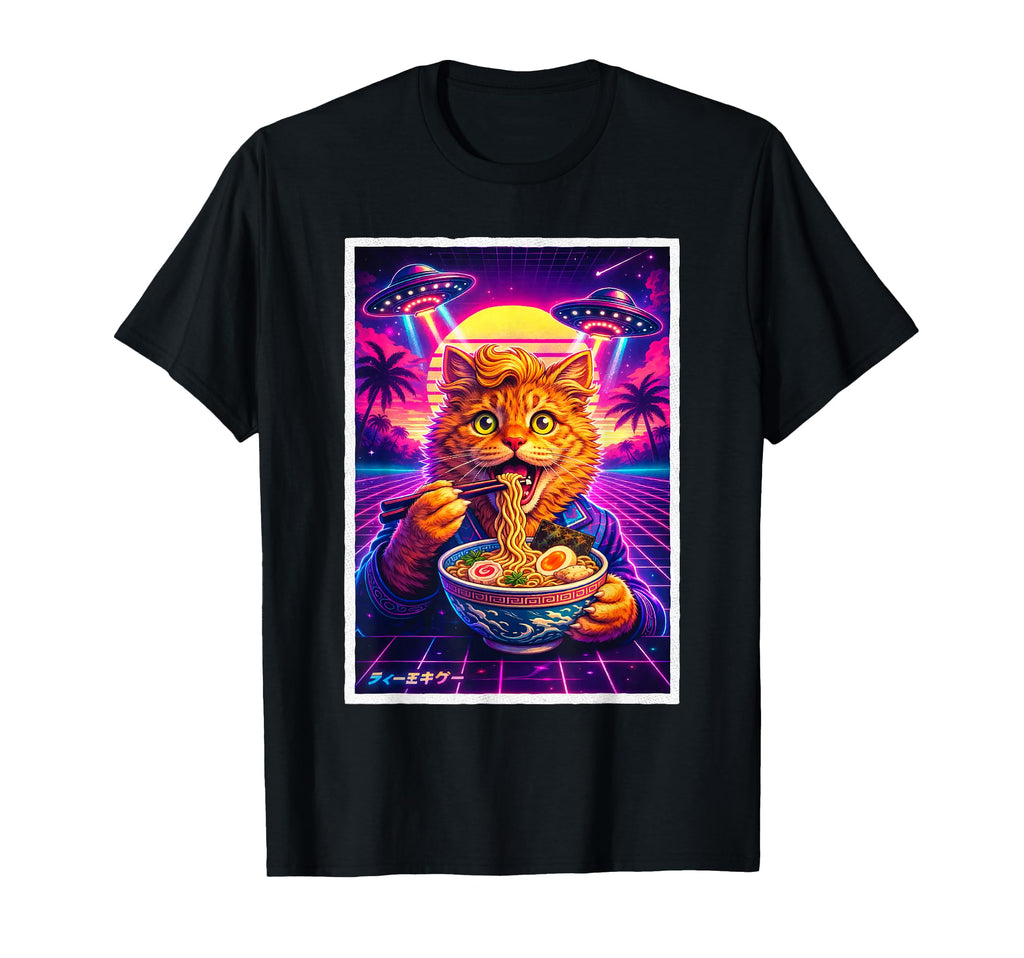 Funny Cat Meme Synthwave 80S Ufo Ramen T-Shirt - Trendy Graphic for Adults - T-Shirt, Sweatshirt, Hoodie