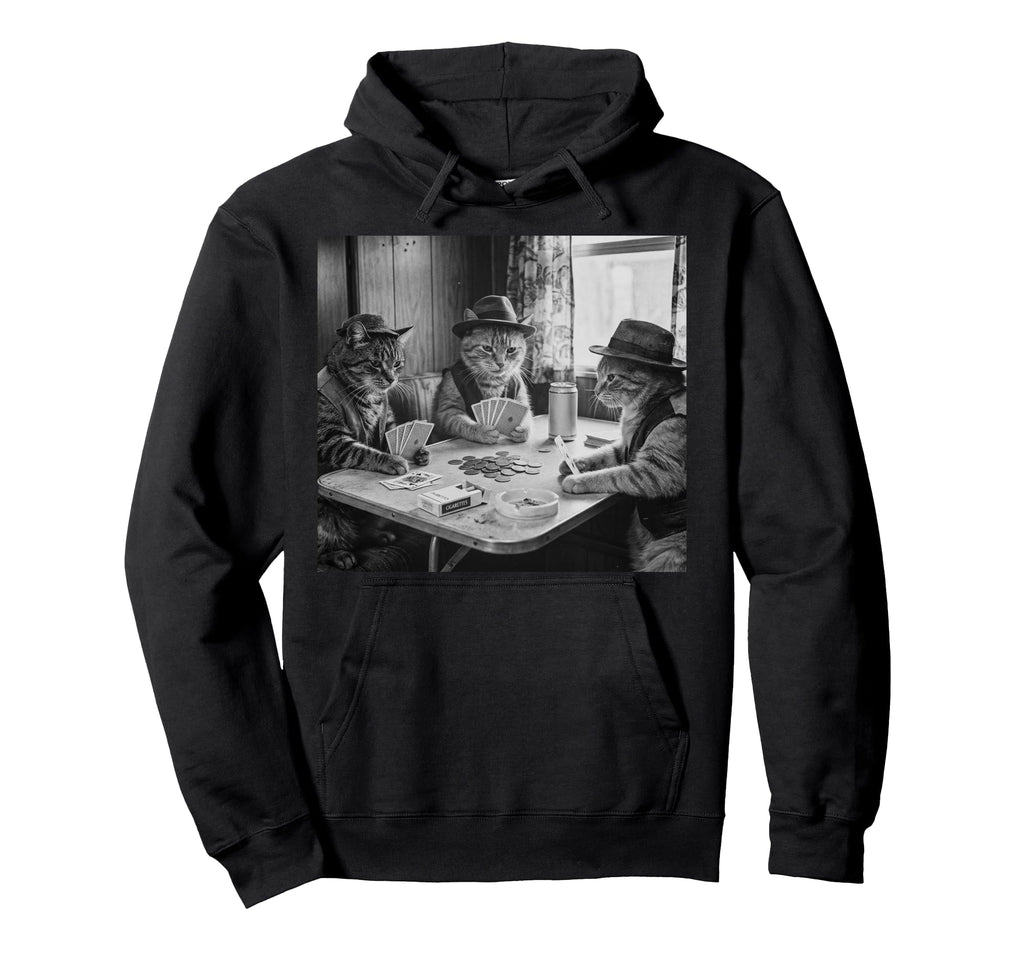 Funny Cats Playing Cards 70S Monochrome Hoodie - Graphic Print Men Women - T-Shirt, Sweatshirt, Hoodie