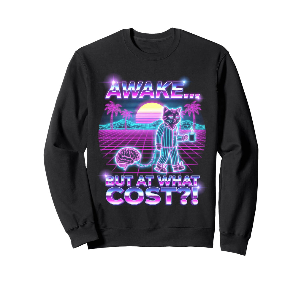 Awake But What Cost Cat Synthwave Sweatshirt - Aesthetic Graphic Unisex - T-Shirt, Sweatshirt, Hoodie