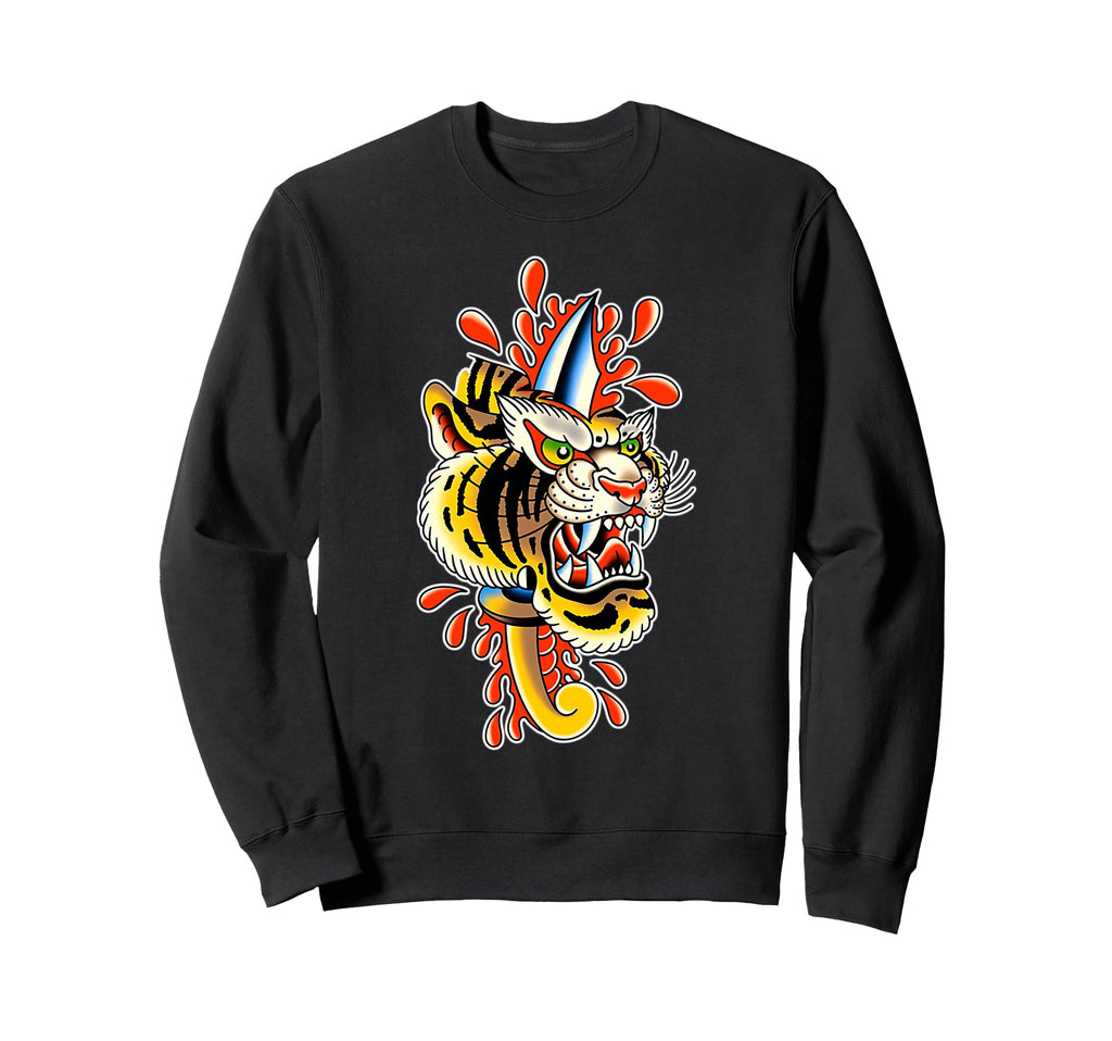 Tiger Head Dagger Tattoo Flash Sweatshirt - Aesthetic Graphic for Adults - T-Shirt, Sweatshirt, Hoodie