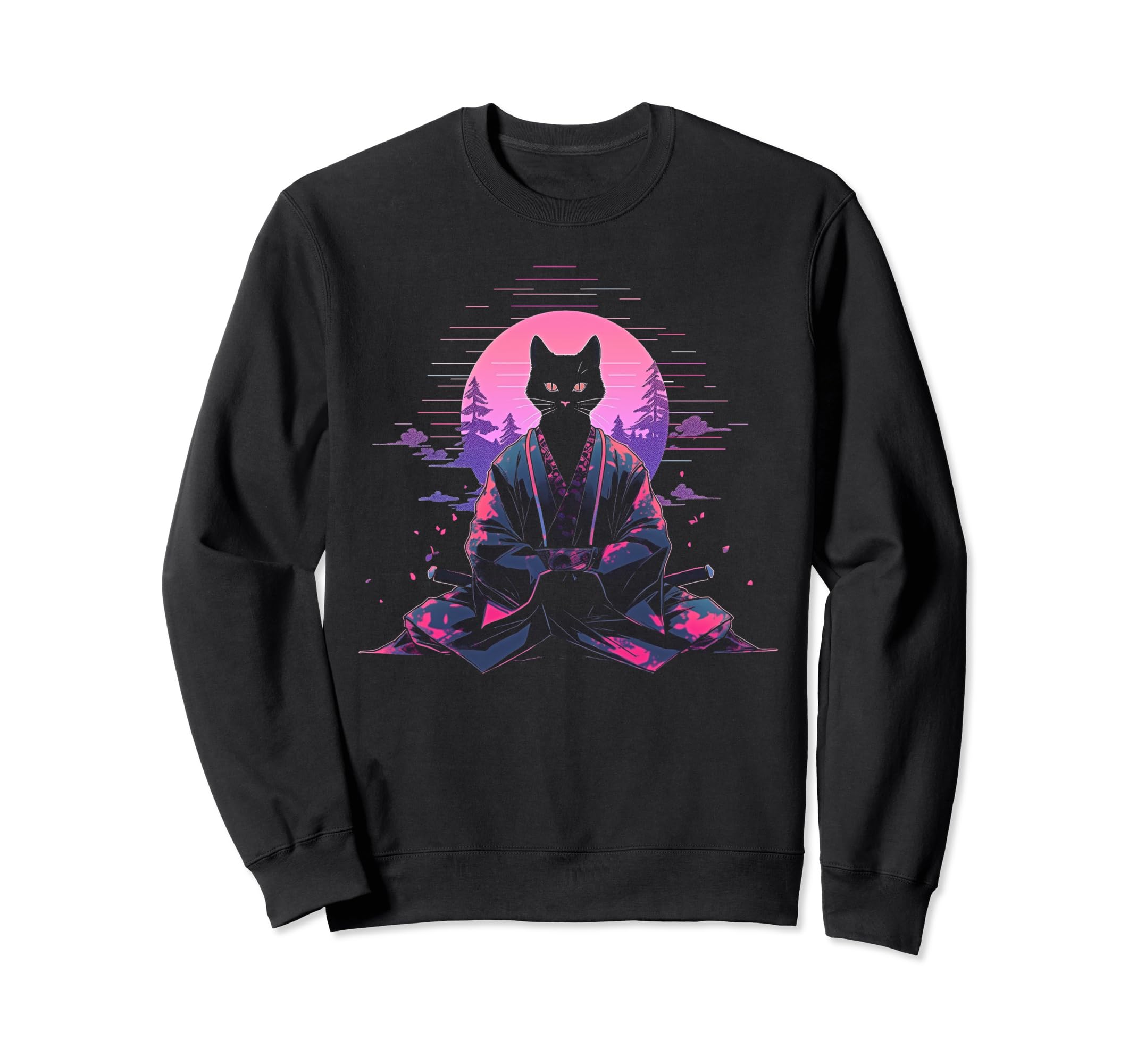 Synthwave Cat Samurai Mediation Sweatshirt - Aesthetic Graphic for Adults - T-Shirt, Sweatshirt, Hoodie
