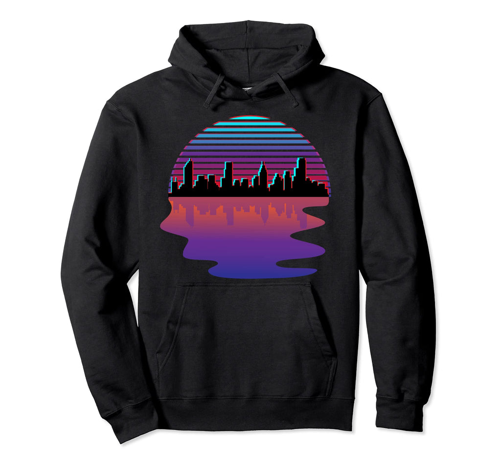 Synthwave City Skyline Silhouette Glitch Hoodie - Graphic Print for Adults - T-Shirt, Sweatshirt, Hoodie