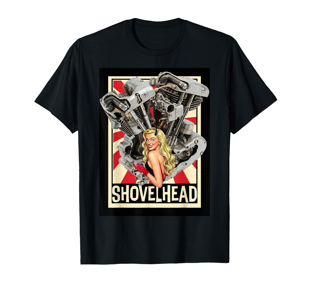 Shovelhead Engine Pinup Biker Art Motorcycle T-Shirt - Graphic Print Unisex - T-Shirt, Sweatshirt, Hoodie
