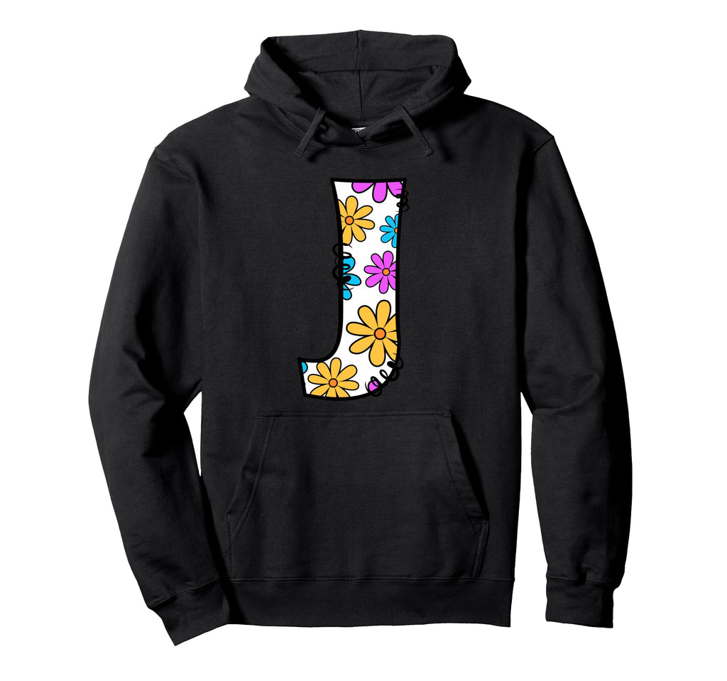 Letter J Daisy Floral Alphabet Hoodie - Unique Graphic Unisex - T-Shirt, Sweatshirt, Hoodie