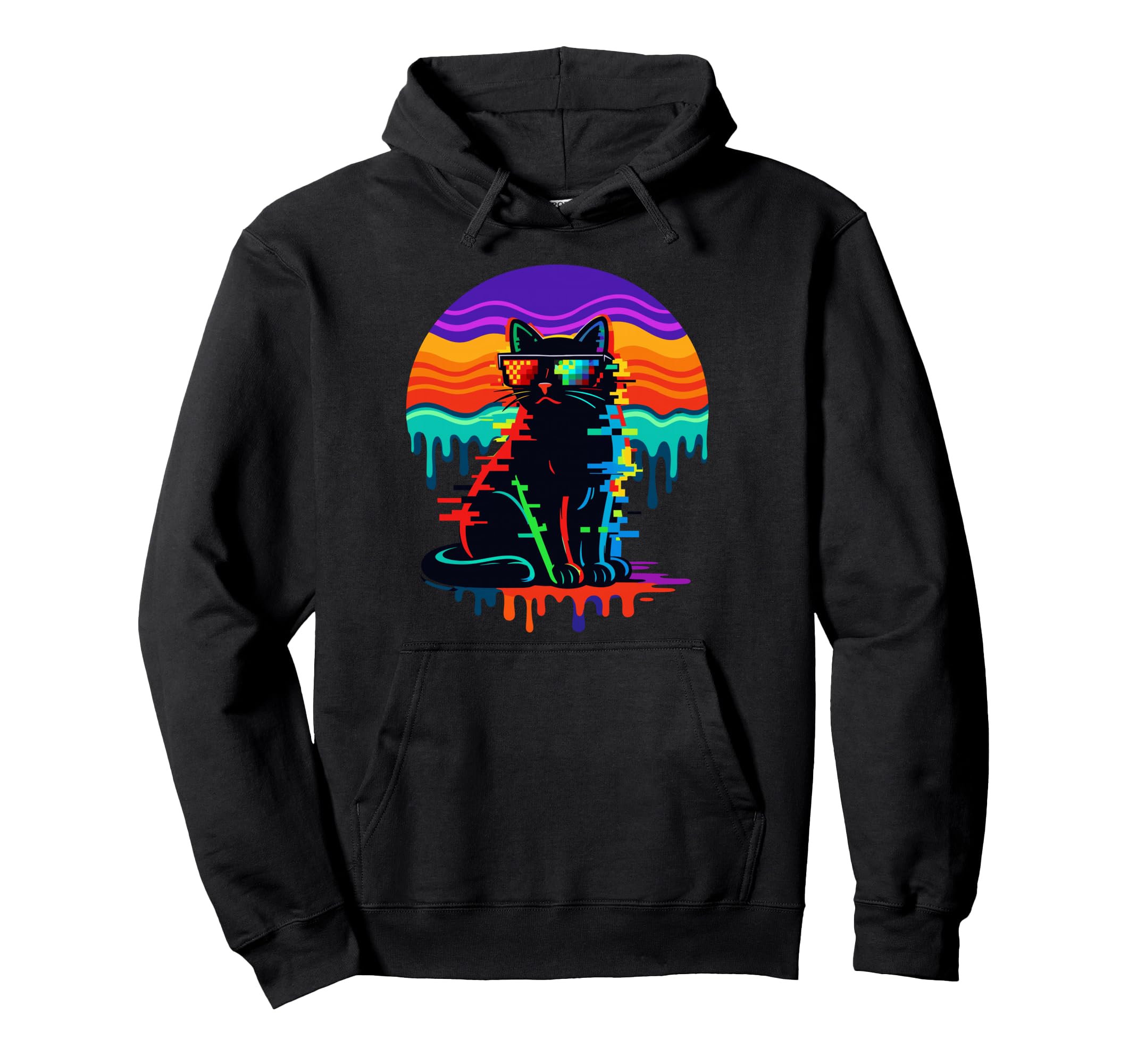 Vaporwave Black Cat Pixel Sunglasses Hoodie - Fun Novelty Design Unisex - T-Shirt, Sweatshirt, Hoodie