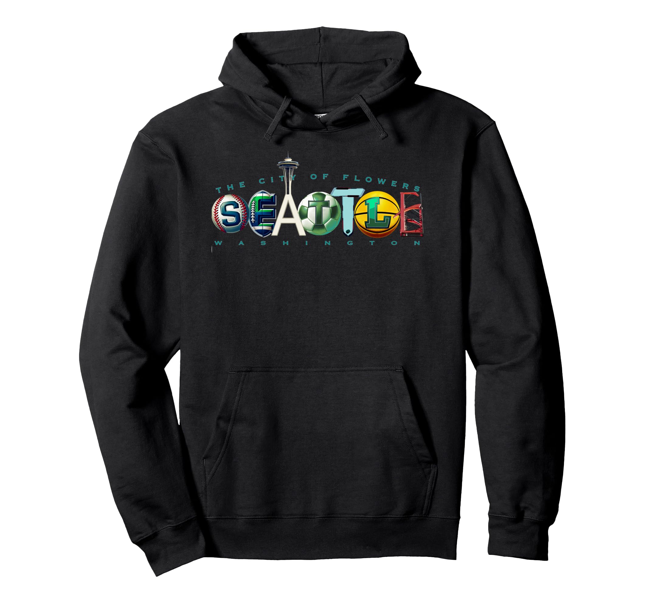 Seattle Wa City Name Typography Landmark Hoodie - Custom Art Print Unisex - T-Shirt, Sweatshirt, Hoodie