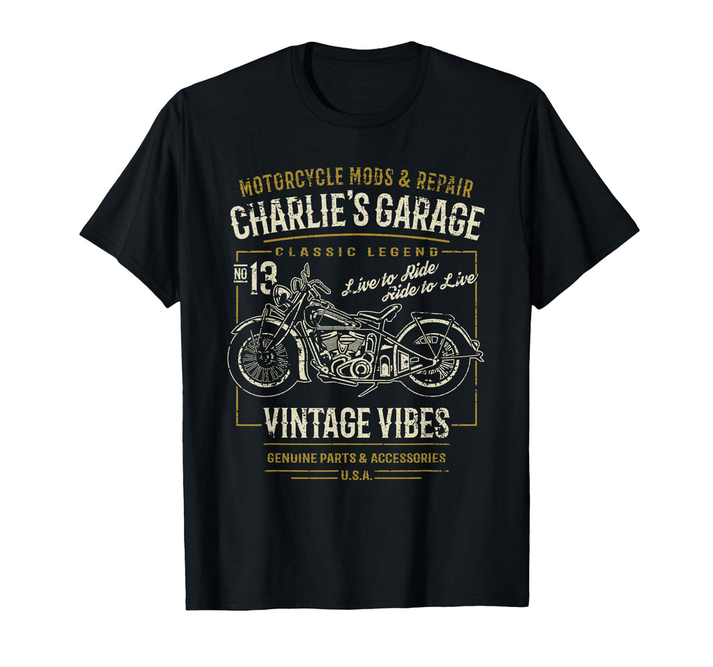 Charlies Garage Motorcycle T-Shirt - Fun Novelty Design Men Women - T-Shirt, Sweatshirt, Hoodie