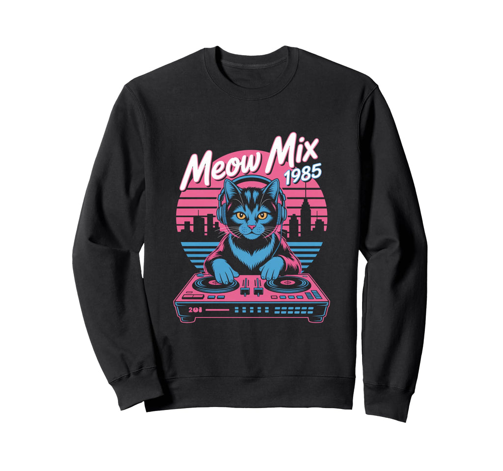Meow Mix 1985 Dj Cat Synthwave Vibes Sweatshirt - Custom Art Print Unisex - T-Shirt, Sweatshirt, Hoodie