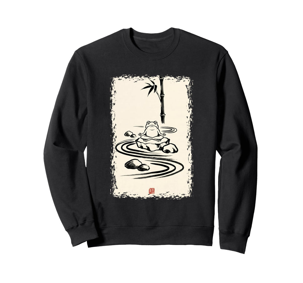 Zen Frog Meditating Japanese Sumi E Sweatshirt - Graphic Print Men Women - T-Shirt, Sweatshirt, Hoodie