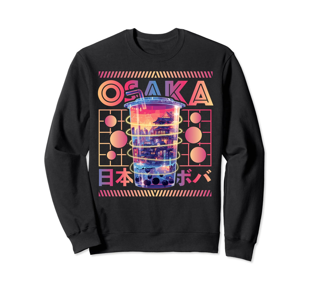 Osaka City 80S Synthwave Boba Tea Sweatshirt - Minimalist Print Unisex - T-Shirt, Sweatshirt, Hoodie