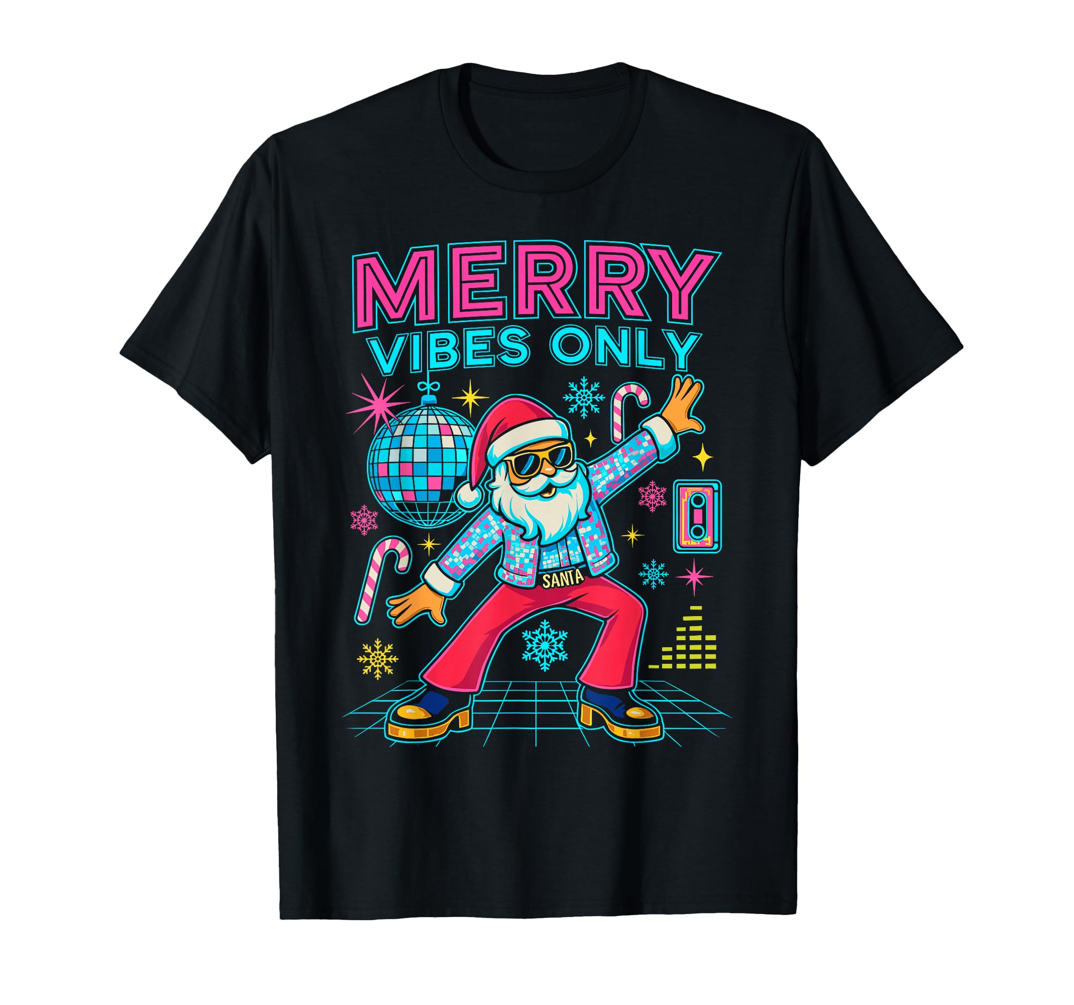 Merry Vibes Only Santa Disco 70S 80S T-Shirt - Novelty Apparel for Adults - T-Shirt, Sweatshirt, Hoodie