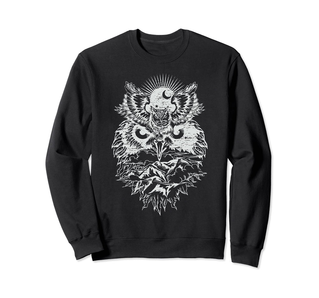 Owl Sun Moon Mountain Distressed Sweatshirt - Graphic Print Unisex - T-Shirt, Sweatshirt, Hoodie