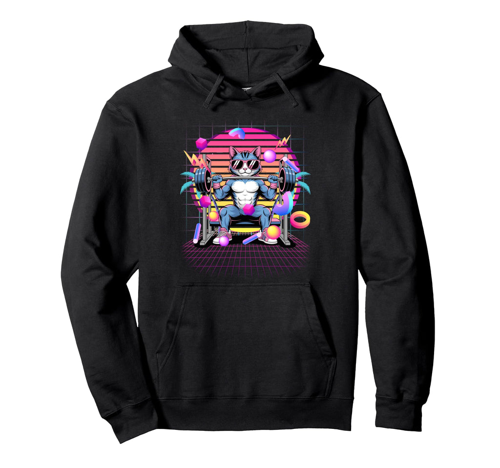 Muscular Cat Weightlifting 80S Hoodie - Aesthetic Graphic for Adults - T-Shirt, Sweatshirt, Hoodie