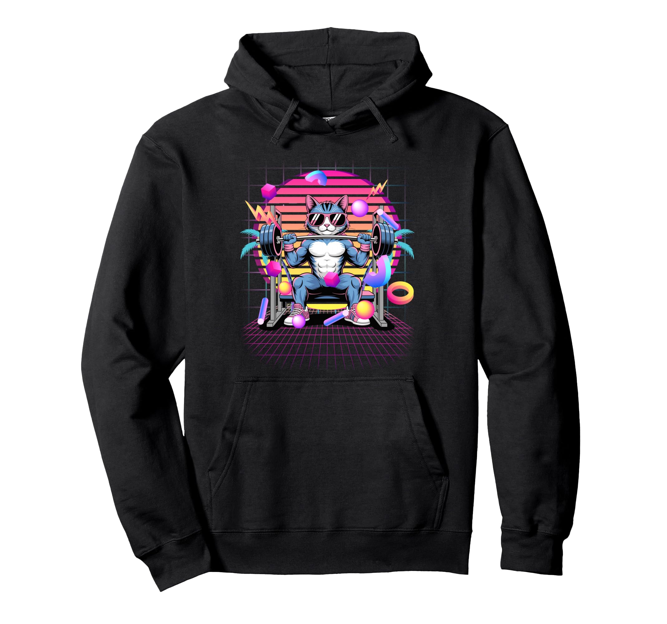 Muscular Cat Weightlifting 80S Hoodie - Minimalist Print Men Women - T-Shirt, Sweatshirt, Hoodie