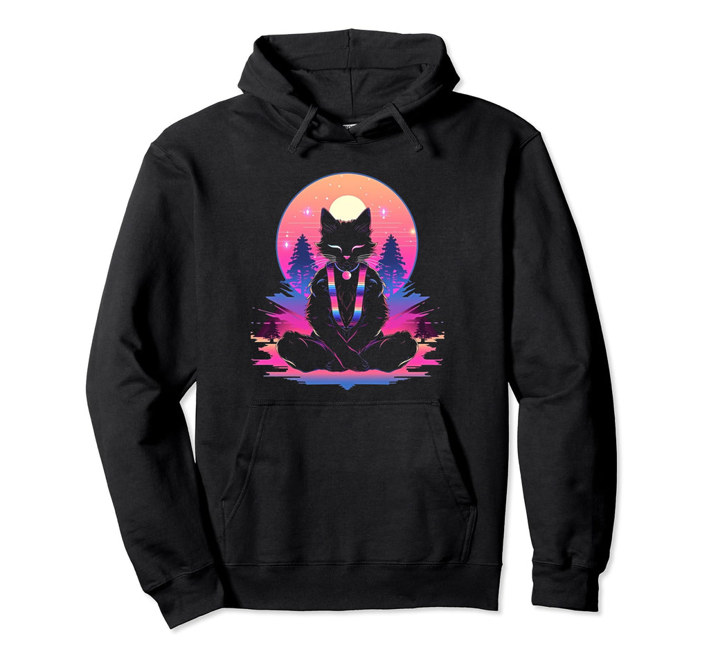 Synthwave Cat Samurai Mediation Vaporwave Hoodie - Graphic Print Men Women - T-Shirt, Sweatshirt, Hoodie