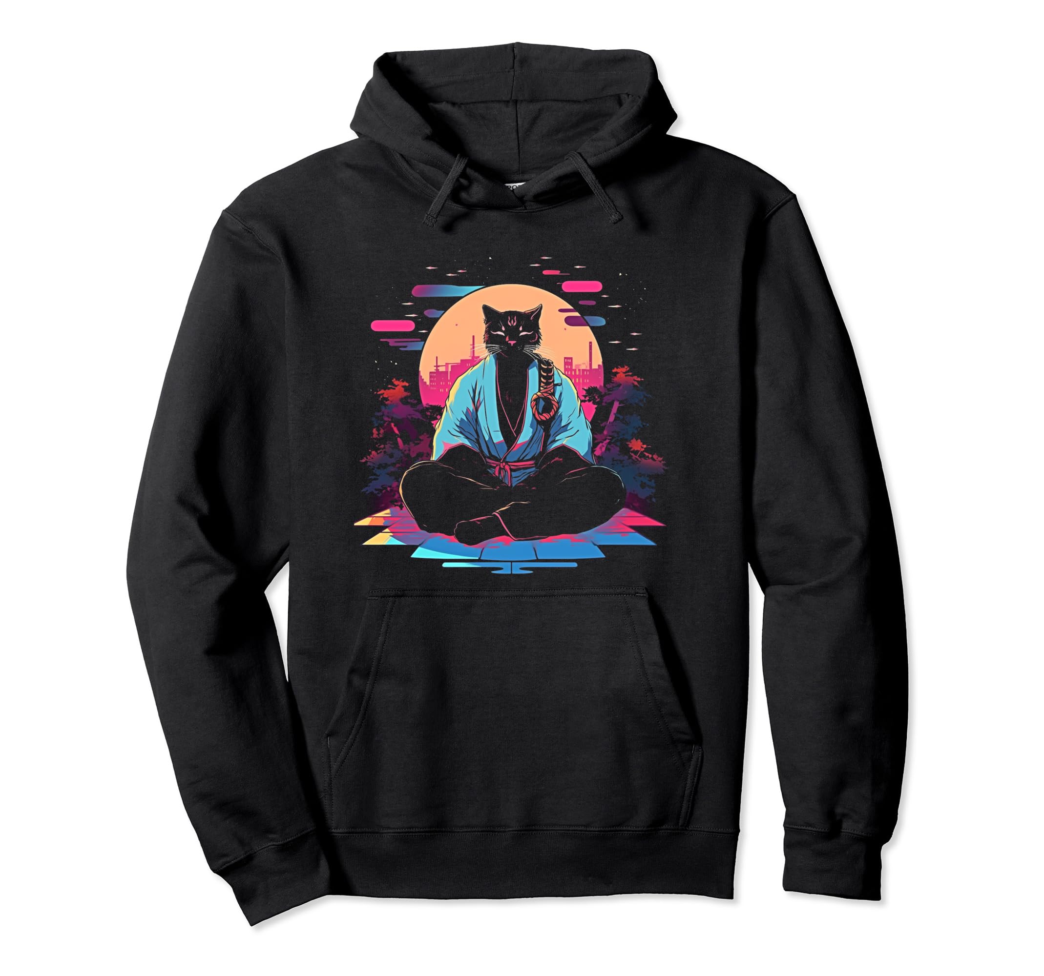 Synthwave Cat Samurai Mediation Hoodie - Streetwear Style Men Women - T-Shirt, Sweatshirt, Hoodie