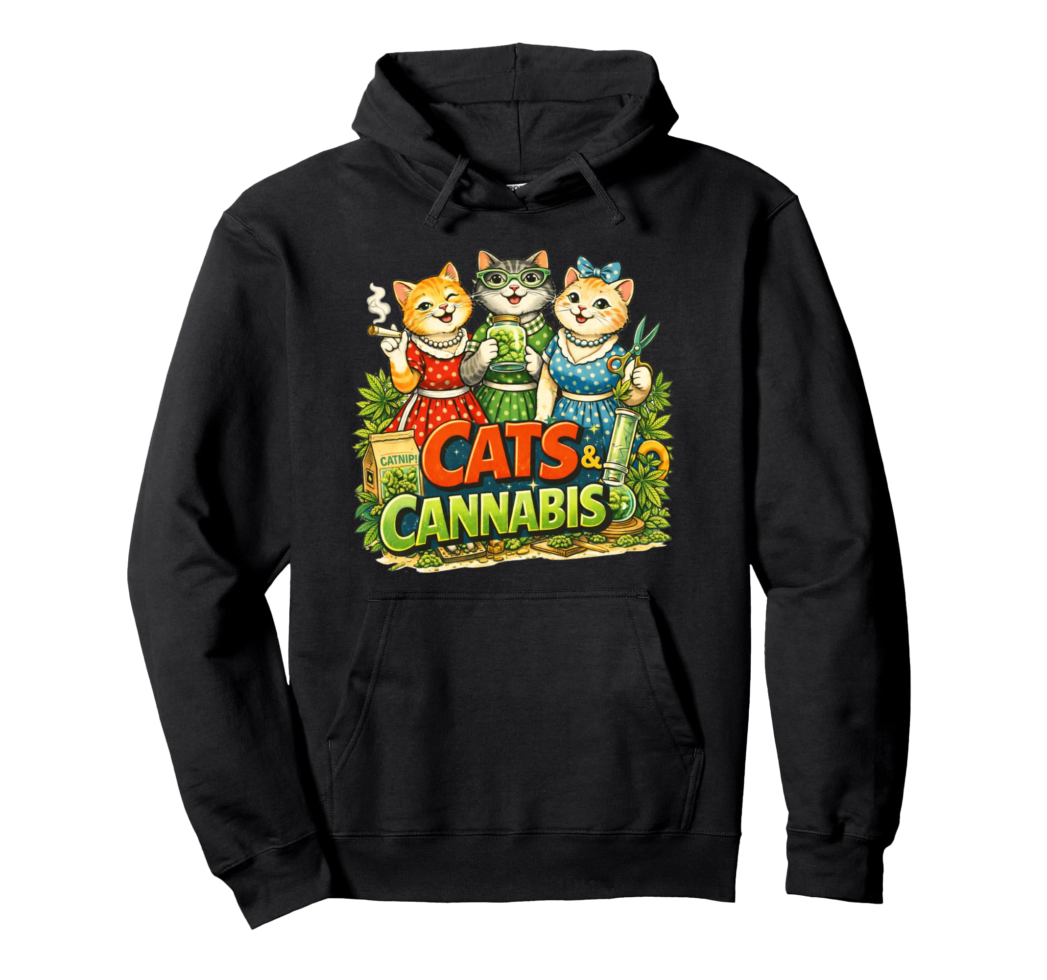 Cats And Cannabis Character Hoodie - Unique Graphic for Adults - T-Shirt, Sweatshirt, Hoodie
