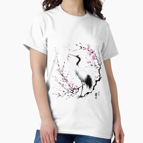 Japanese crane with cherry blossom ink - Adult & Kids T-Shirts, Sweatshirts & Hoodies apparel design preview 1