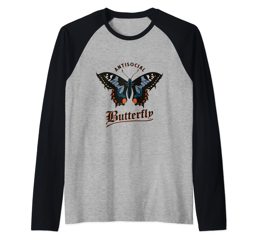 Antisocial Butterfly Raglan Baseball Sweatshirt - Aesthetic Graphic Unisex - T-Shirt, Sweatshirt, Hoodie