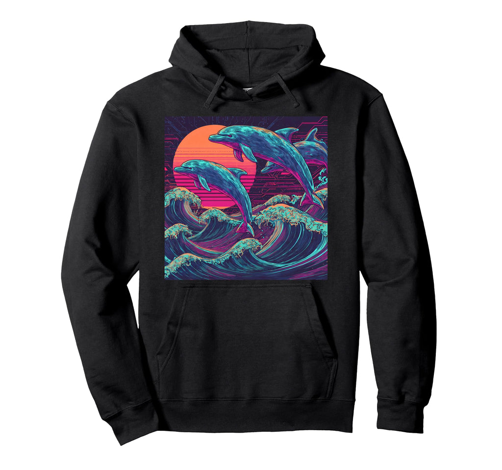 Synthwave Dolphins Jumping Ocean Waves Hoodie - Graphic Print for Adults - T-Shirt, Sweatshirt, Hoodie