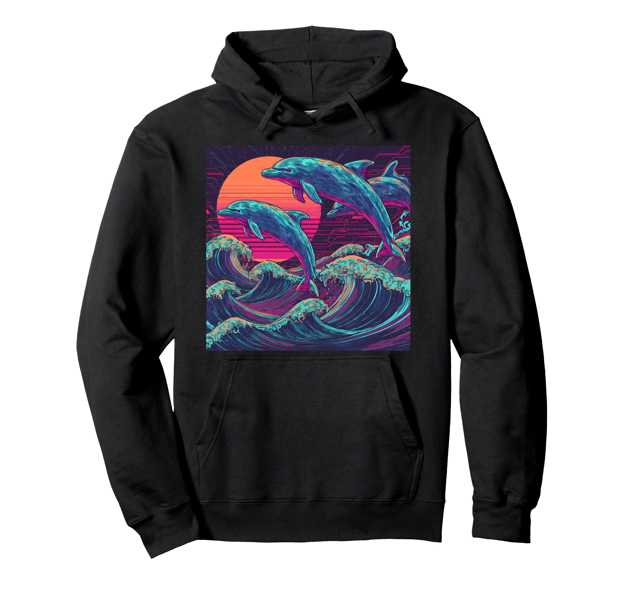 Synthwave Dolphins Jumping Ocean Waves Hoodie - Graphic Print for Adults - T-Shirt, Sweatshirt, Hoodie