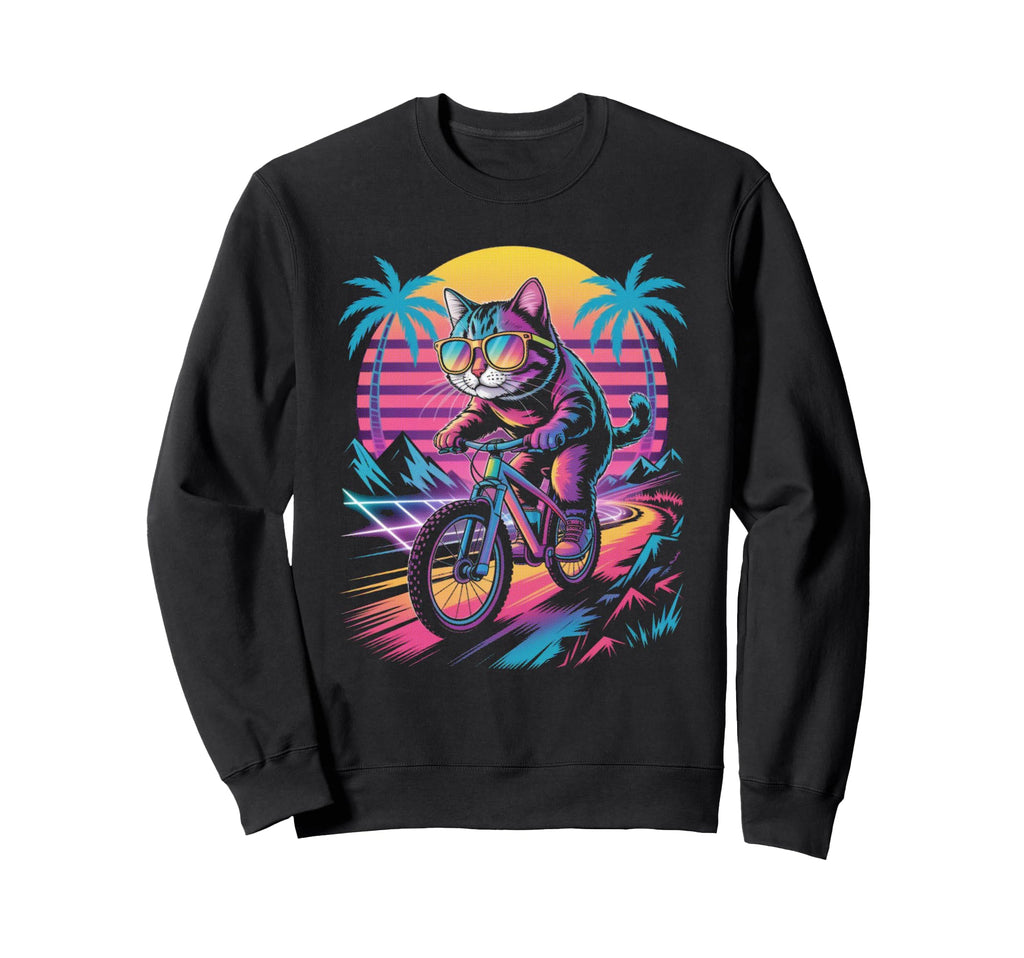Cat Riding Bicycle Synthwave 80S Sweatshirt - Custom Art Print for Adults - T-Shirt, Sweatshirt, Hoodie