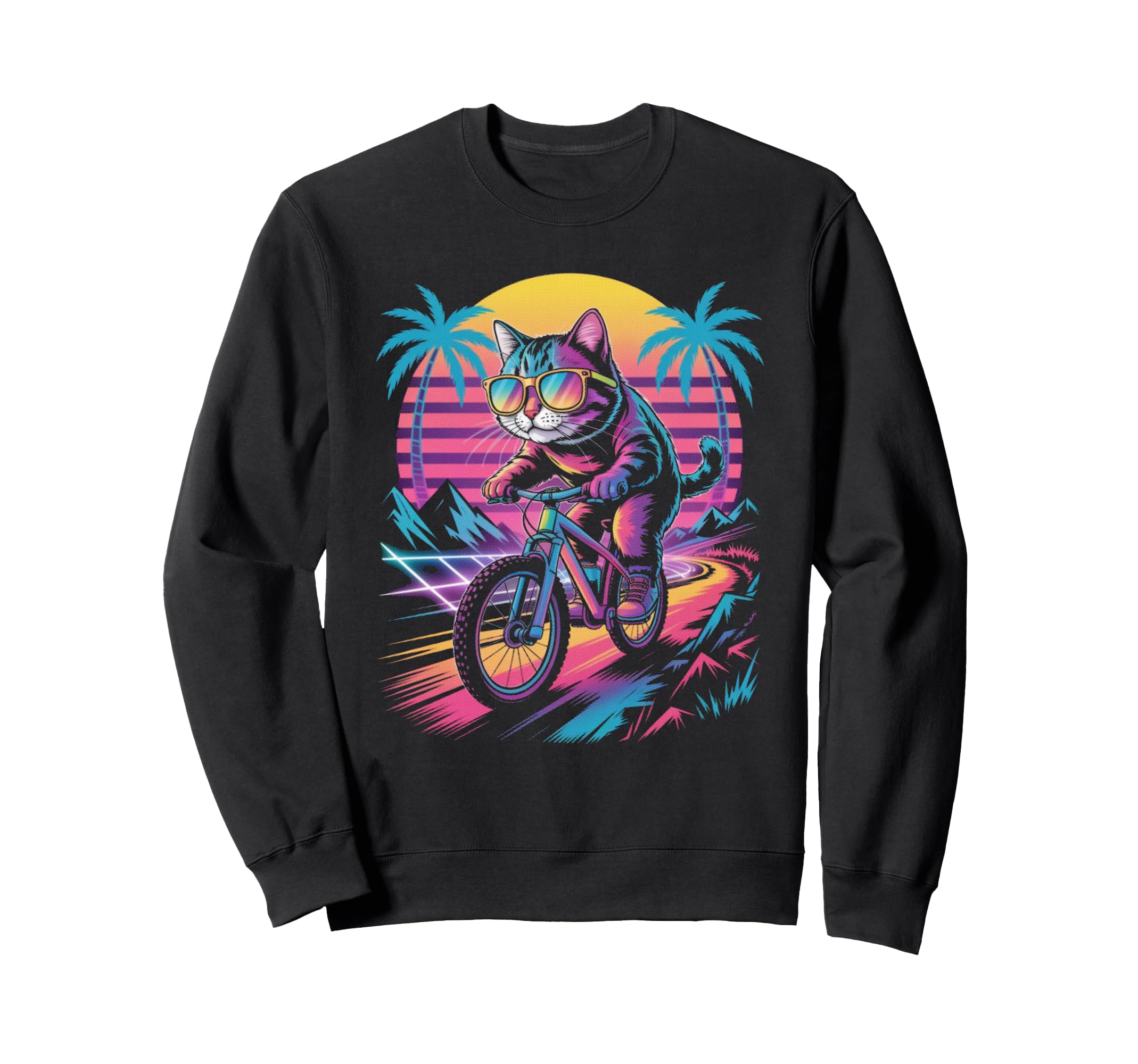 Cat Riding Bicycle Synthwave 80S Sweatshirt - Custom Art Print for Adults - T-Shirt, Sweatshirt, Hoodie