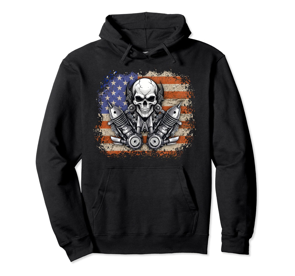 Usa Patriotic Motorcycle Skull Biker Hoodie - Streetwear Style Men Women - T-Shirt, Sweatshirt, Hoodie