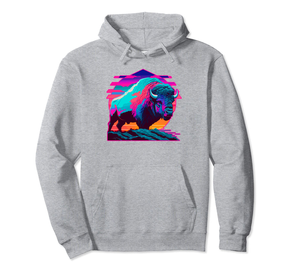 Vaporwave Synthwave Bison American Hoodie - Minimalist Print for Adults - T-Shirt, Sweatshirt, Hoodie