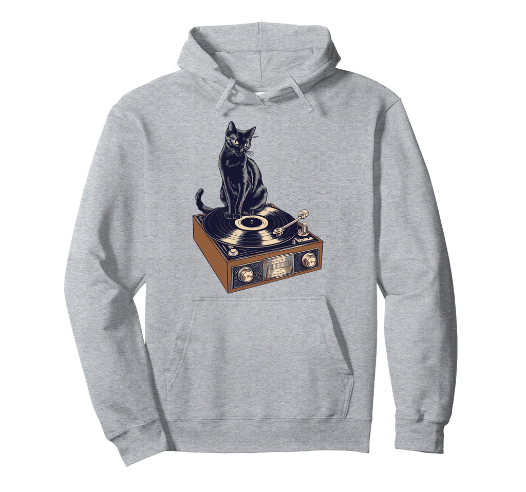 Black Cat Sitting Vinyl Record Hoodie - Casual Everyday Wear for Adults - T-Shirt, Sweatshirt, Hoodie