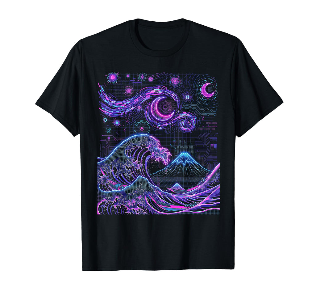 Great Wave Starry Night Synthwave Ukiyo T-Shirt - Aesthetic Graphic Unisex - T-Shirt, Sweatshirt, Hoodie