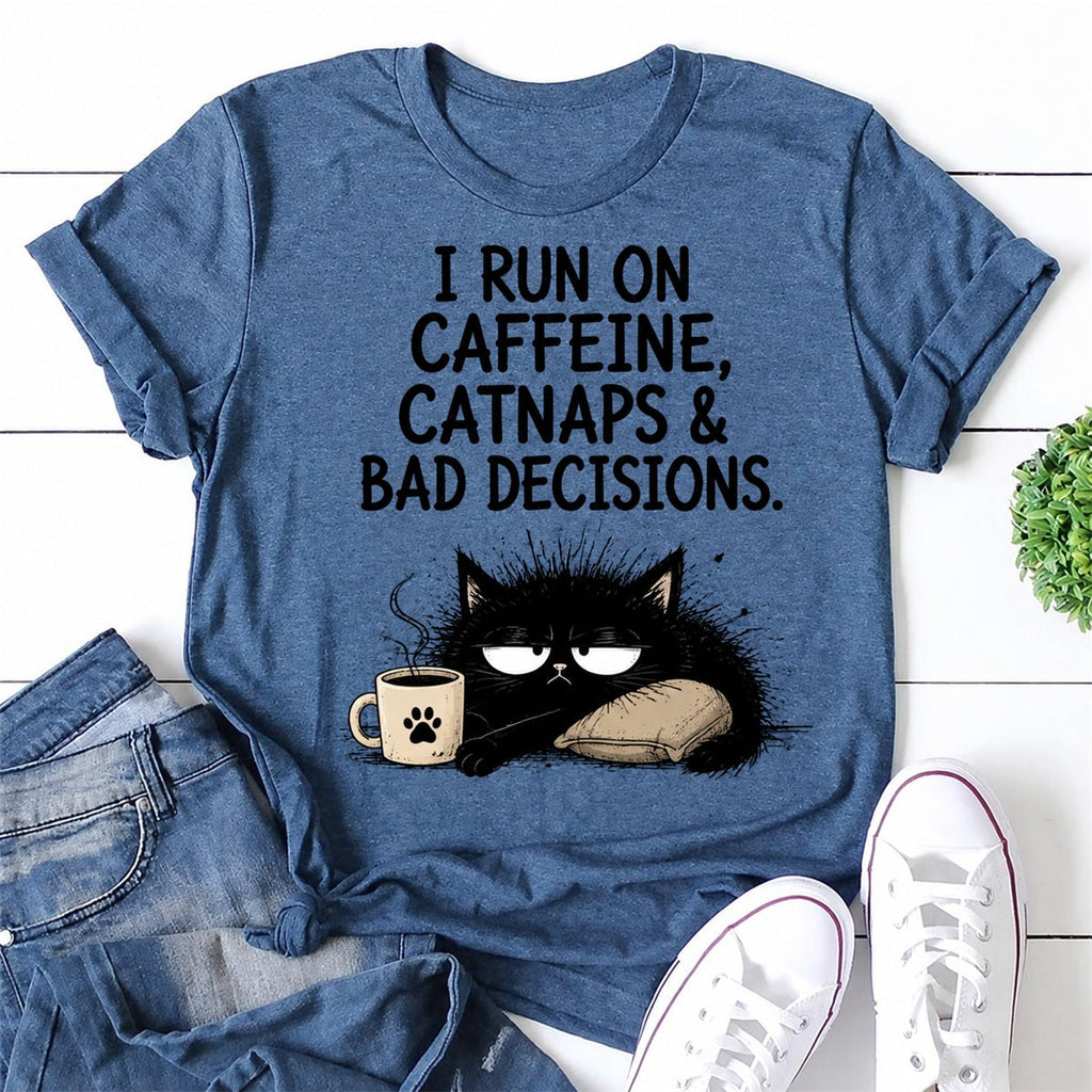 I Run On Caffeine Cat Print Women Slogan - Adult & Kids T-Shirts, Sweatshirts & Hoodies apparel design preview 1
