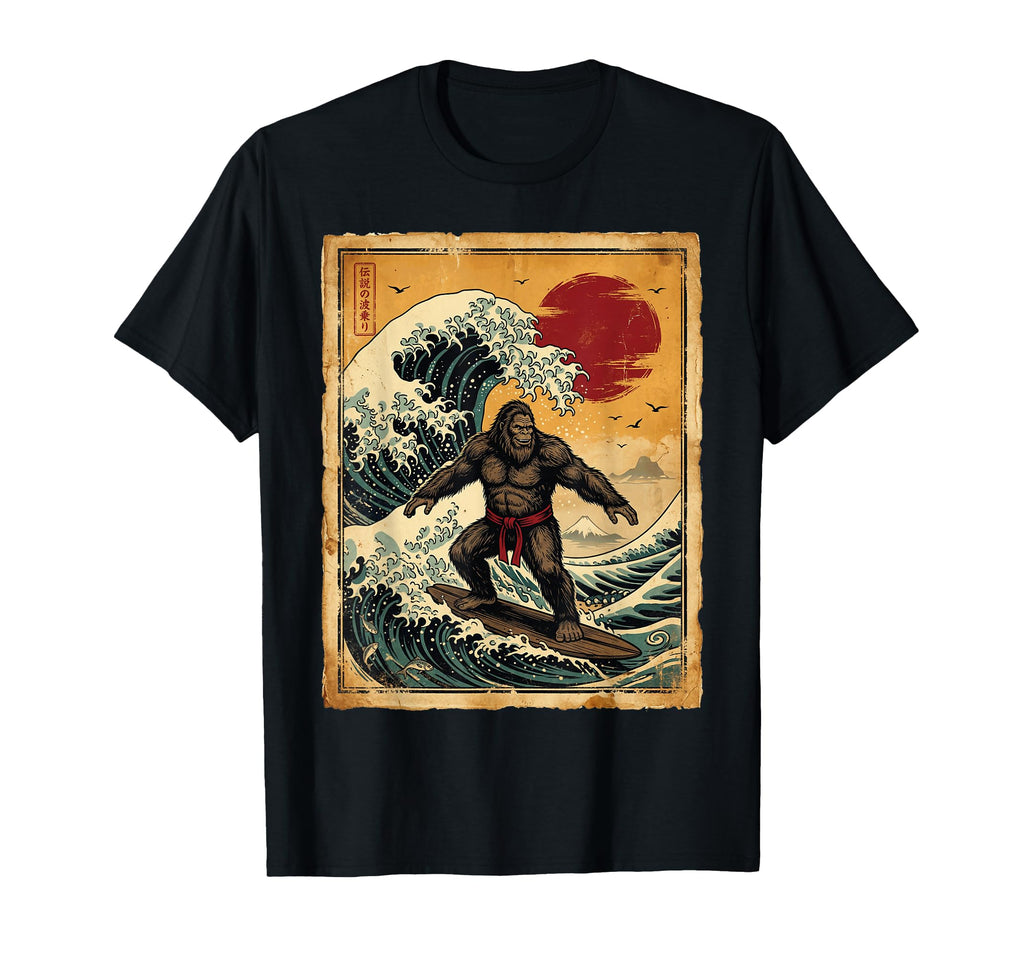 Bigfoot Surfing Great Wave Japanese T-Shirt - Trendy Graphic for Adults - T-Shirt, Sweatshirt, Hoodie