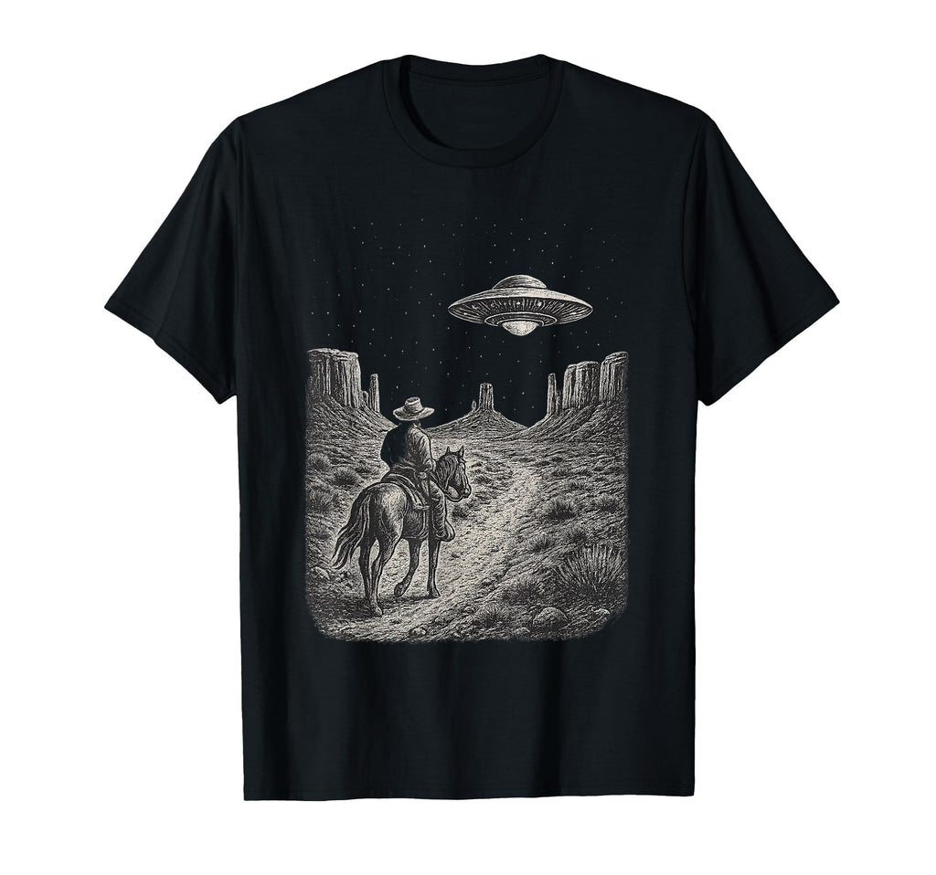 Western Ufo Cowboy Alien Encounter T-Shirt - Novelty Apparel for Adults - T-Shirt, Sweatshirt, Hoodie