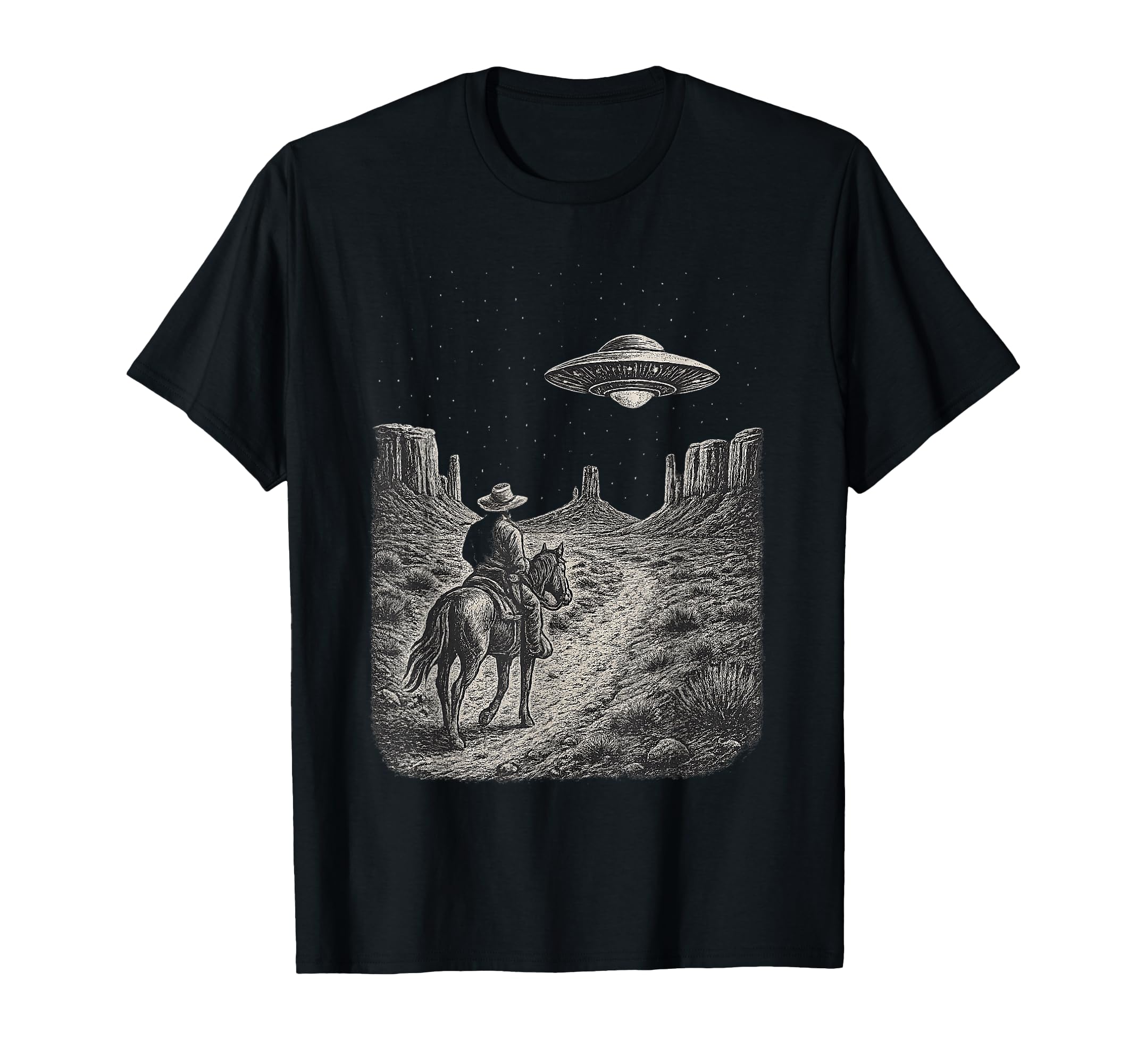 Western Ufo Cowboy Alien Encounter T-Shirt - Novelty Apparel for Adults - T-Shirt, Sweatshirt, Hoodie
