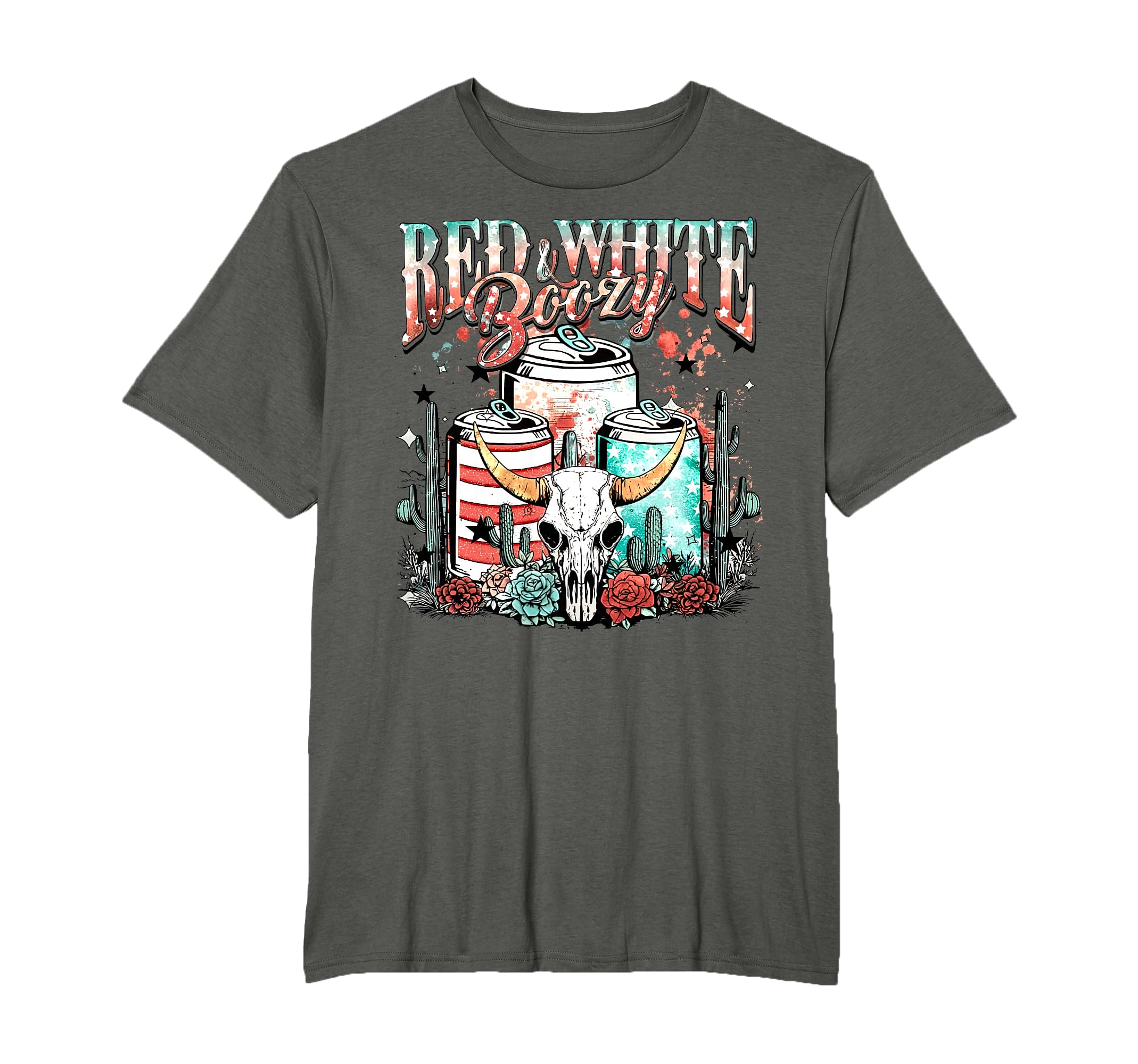 Red White And Boozy Bull Skull Western T-Shirt - Trendy Graphic for Adults - T-Shirt, Sweatshirt, Hoodie